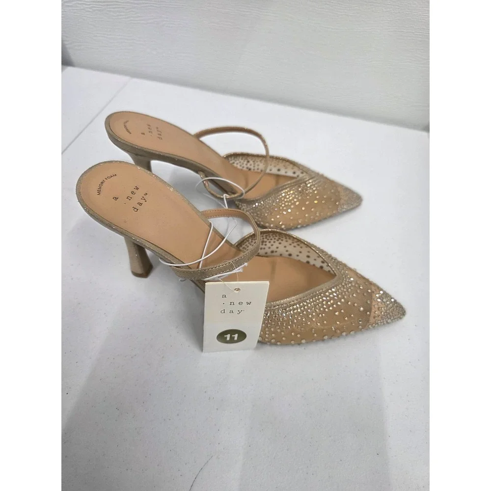 A New Day Womens Gold Rhinestone Mesh Pointed Toe Pumps Stiletto Heels Size 11